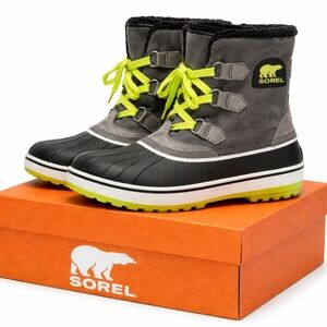 Sorel Winter Carnival Boots Gray Black Neon Yellow Waterproof Size 7